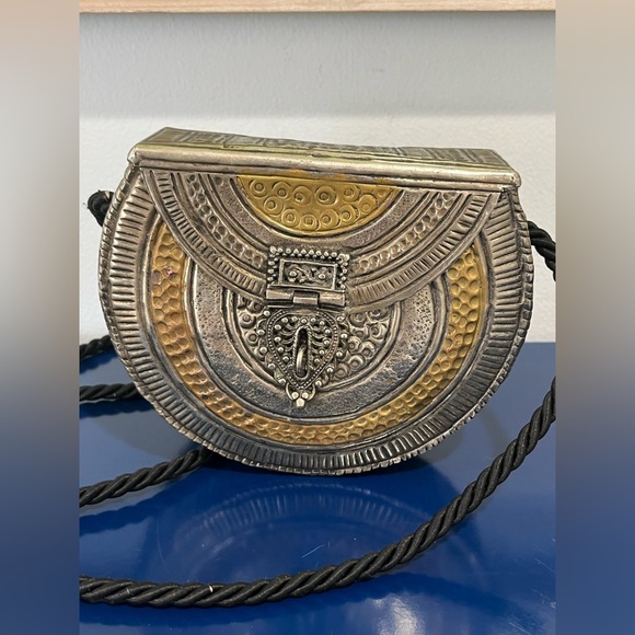 Free People Handbags - Free People Hammered Metal Bag Purse Hard Case Brass Silver Black Cord Crossbody